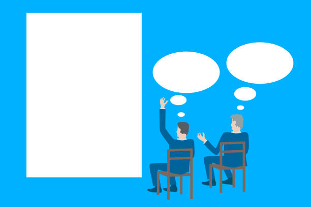 istock Business flat design vector with a businessmen brainstorming in front of a poster. 1018413344