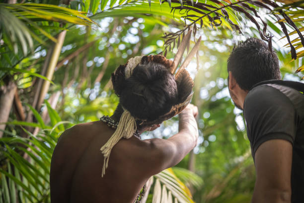 rdzenny brazylijski młody człowiek z guarani pochodzenia etnicznego pokazano las deszczowy do turysty - indian ethnicity indian culture men portrait zdjęcia i obrazy z banku zdjęć