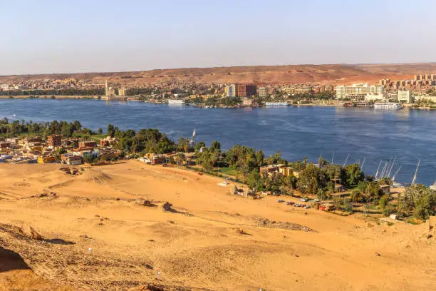 A scene for the Nile in Aswan. Colorful landscape of Nile in Aswan.