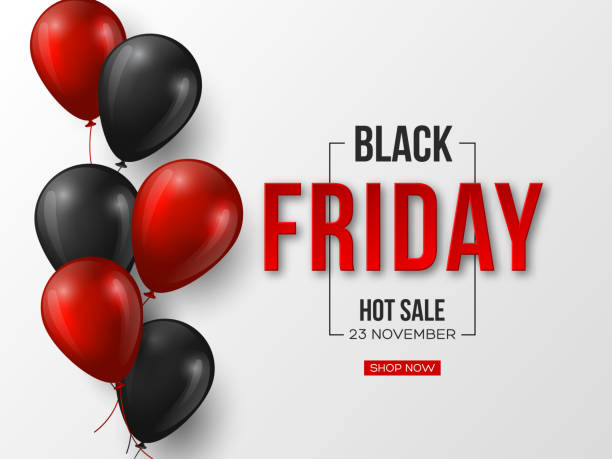 ilustrações de stock, clip art, desenhos animados e ícones de black friday sale typographic design. 3d stylized red color letters with glossy balloons. white background. vector illustration. - three dimensional shiny business retail