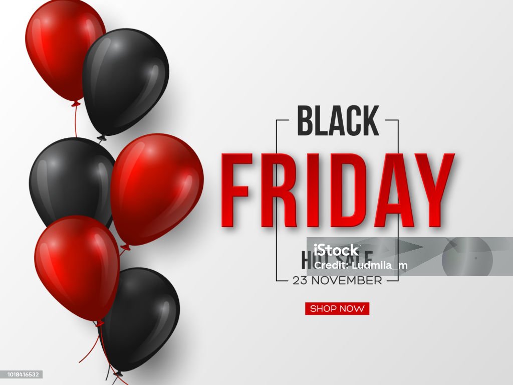 Black Friday sale typographic design. 3d stylized red color letters with glossy balloons. White background. Vector illustration. Balloon stock vector