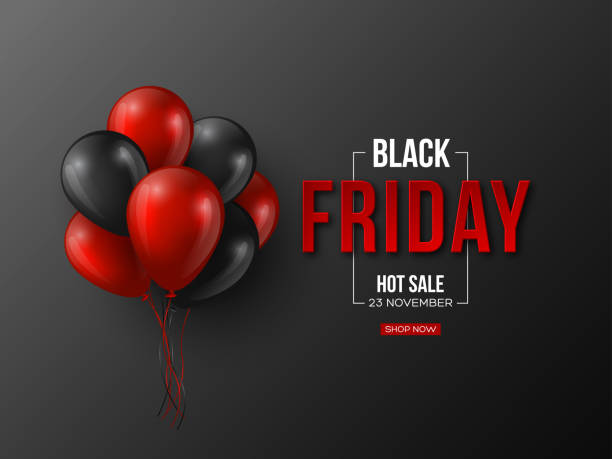 istock Black Friday sale typographic design. 3d stylized red color letters with glossy balloons. Black background. Vector illustration. 1018416586