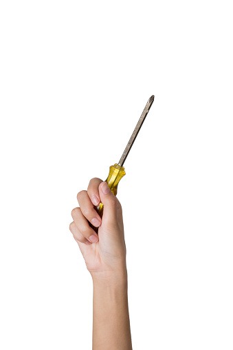 woman hand holding screwdriver, isolated on white background.