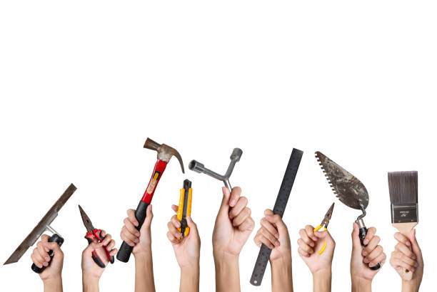 istock woman hand holding DIY tools set collage, Isolated on white backgroun. 1018424264