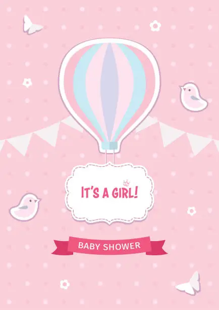 Vector illustration of Girl baby shower template with hot air balloon, birds, butterflies, flowers, ribbon, garland, and decorative frame on the pink dotted backround. Flat design. A4 size. Vector Illustration.