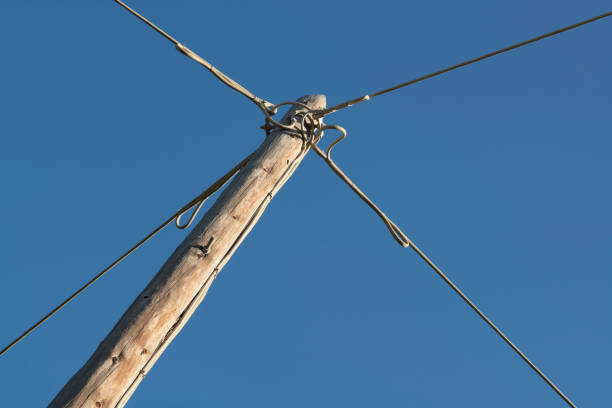 Telephone (or electricity) pole with lines (or cables) isolated against a clear blue sky.