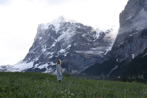 istock Woman walks into meadow, below towering mountains 1018439298