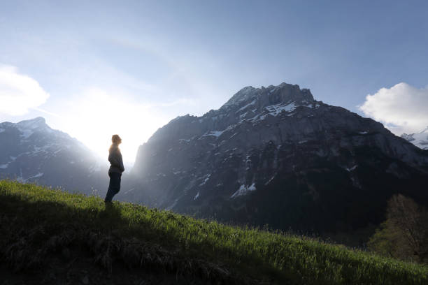 istock Man walks into meadow, below towering mountains 1018439604