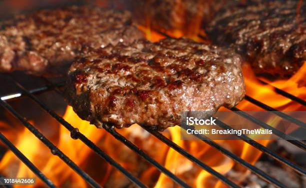 Beef Burger For Hamburger On Barbecue Flame Grill Stock Photo - Download Image Now - Burger, Barbecue Grill, Hamburger