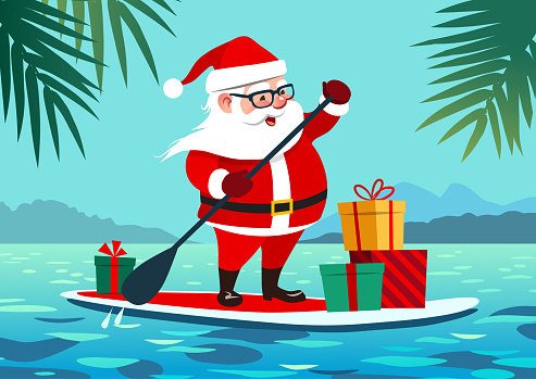 Cute Santa Claus on paddle board with gifts against tropical ocean background vector cartoon illustration. Christmas in July, summer, vacation, resort, warm climate theme for posters, greeting cards.