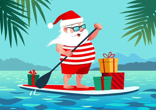 Cute Santa Claus on paddle board with gifts against tropical ocean background vector cartoon illustration. Christmas in July, summer, vacation, resort, warm climate theme for posters, greeting cards. Cute Santa Claus on paddle board with gifts against tropical ocean background vector cartoon illustration. Christmas in July, summer, vacation, resort, warm climate theme for posters, greeting cards. paddleboard stock illustrations