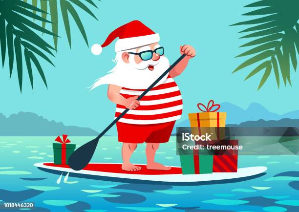 Cute Santa Claus On Paddle Board With Gifts Against Tropical Ocean Background Vector Cartoon Illustration Christmas In July Summer Vacation Resort Warm Climate Theme For Posters Greeting Cards Stock Illustration - Download Image Now