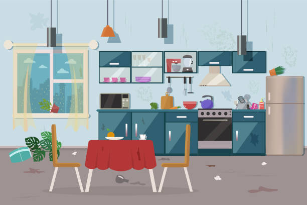 ilustrações de stock, clip art, desenhos animados e ícones de dirty messy kitchen - 3621