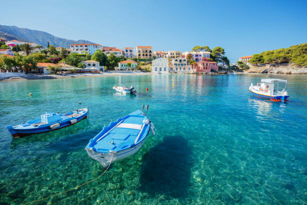 Assos on the Island of Kefalonia in Greece Assos on the Island of Kefalonia in Greece. Beautiful bay with boats crete stock pictures, royalty-free photos & images