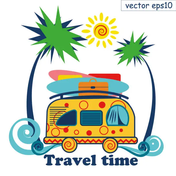 Vector illustration of travel summer van vector poster. surfing and travelling