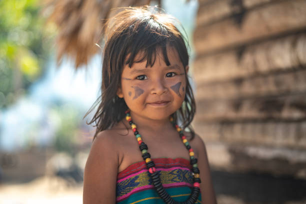 Indigenous Brazilian Child, Portrait from Tupi Guarani Ethnicity Beautiful shooting of how Brazilian Natives lives in Brazil brazilian culture stock pictures, royalty-free photos & images