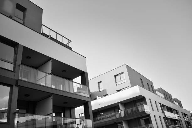 istock Modern apartment building exterior. Black and white. 1018493292