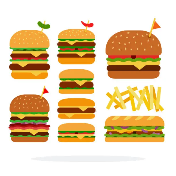 Vector illustration of Hamburger, cheeseburger, sandwich, double burger with beef, burger with cheese and bacon, french fries