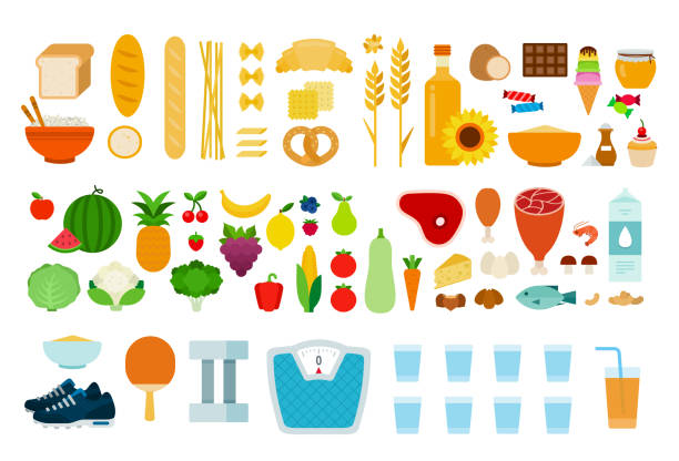 단백질, 탄수화물 제품, 야채, 과일, 설탕 및 스포츠 액세서리 벡터 평면 분리를 포함 하는 제품 - carbohydrate stock illustrations