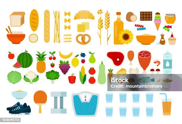 Protein Carbohydrate Products Vegetables Fruits Products Containing Sugar And Sports Accessories Vector Flat Isolated Stock Illustration - Download Image Now