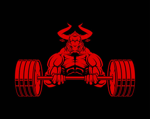 ilustraciones, imágenes clip art, dibujos animados e iconos de stock de feroz toro powerlifter con barra. mascota de buffalo muscular. - metal stud