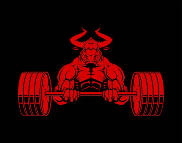 Vector illustration of Ferocious bull-powerlifter with barbell. Muscular buffalo mascot.