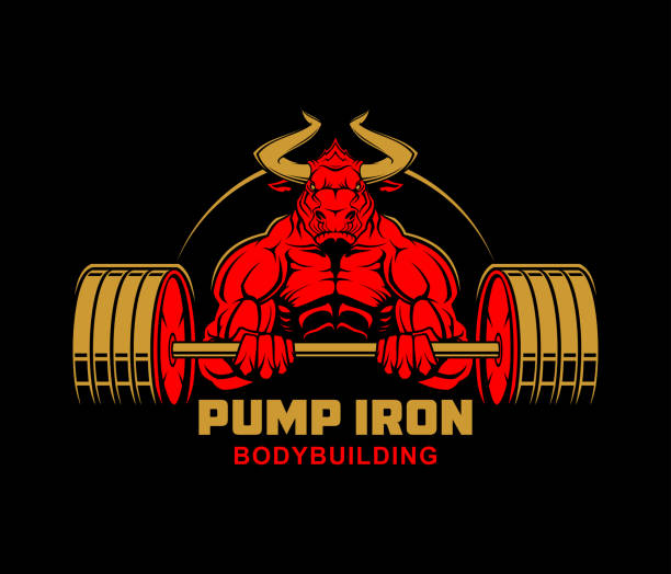 Strong powerlifting bull with barbell. Muscular buffalo mascot. Strong ferocious muscular bull with heavy barbell - vector character illustration workout logo stock illustrations