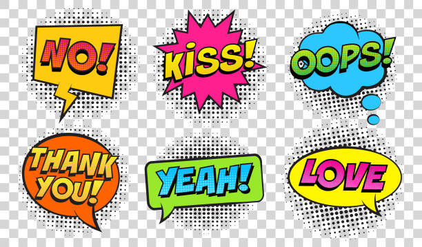 ilustrações, clipart, desenhos animados e ícones de balões de fala em quadrinhos retrô em fundo transparente. texto da expressão não, beijar, oops, sim, amor, obrigado. - speech bubble retro revival old fashioned thank you