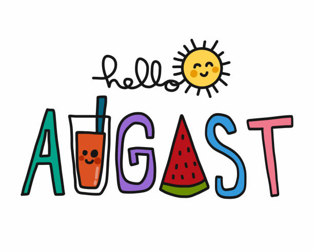 ilustraciones, imágenes clip art, dibujos animados e iconos de stock de hola agosto palabra e ilustración de vector de dibujos animados lindo sol - agosto