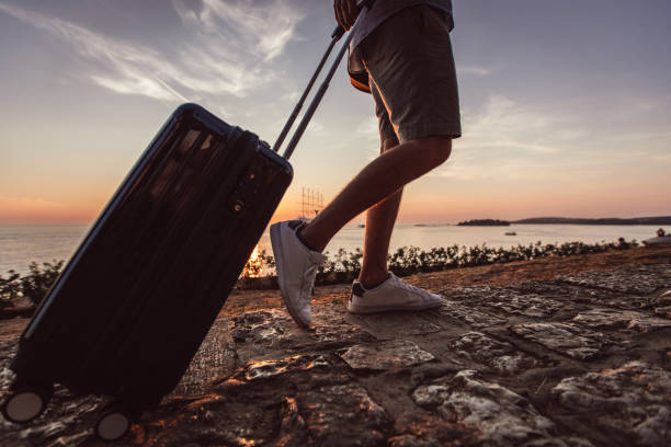 istock Tourist with suitcase by the sea 1018514238