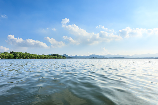 A vast lake surrounded by towering mountains, under a cloudy sky, creating a breathtaking natural landscape