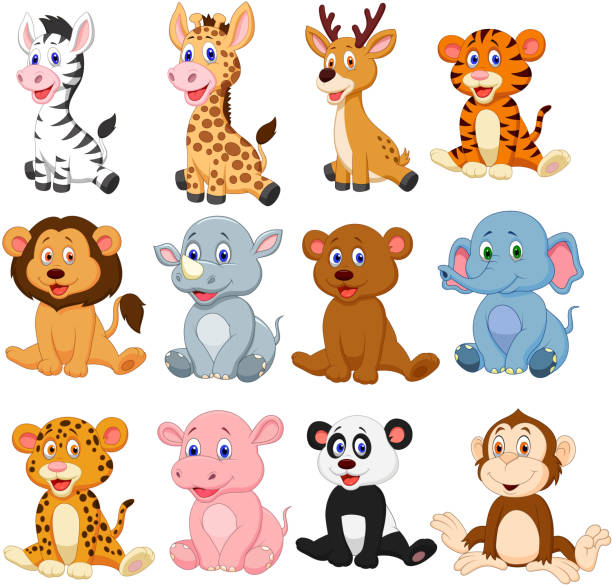 야생 동물 만화 컬렉션 집합 - zoo young animal africa group of animals stock illustrations