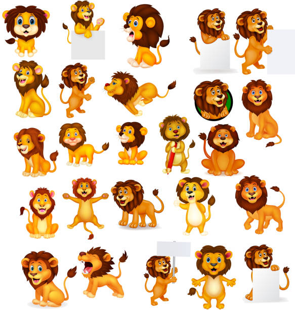 말풍선이 있는 lion 컬렉션 세트 - zoo young animal africa group of animals stock illustrations