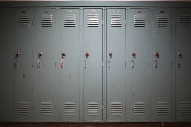 Back to School Concept - Light Blue Gray Student Lockers at a High School or College