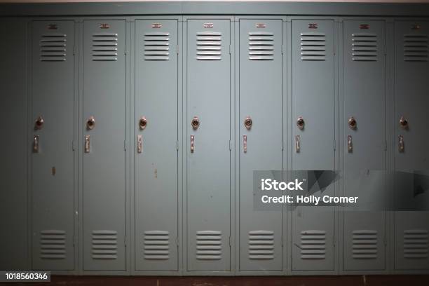 Back To School Concept Light Blue Gray Student Lockers At A High School Or College Stock Photo - Download Image Now