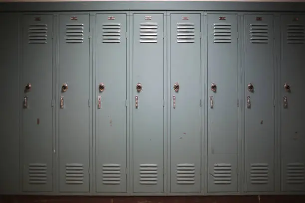 Back to School Concept - Light Blue Gray Student Lockers at a High School or College