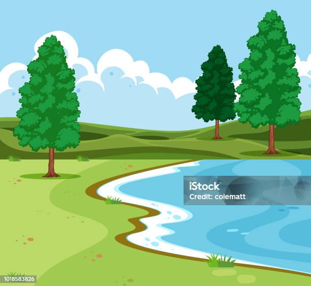 Outdoor Lake Landscape Scene Stock Illustration - Download Image Now - Lakeshore, Pond, Woodland