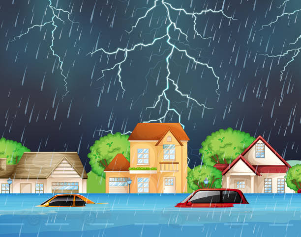 extreme flood in suburban streets extreme flood in suburban streets illustration flooded home stock illustrations