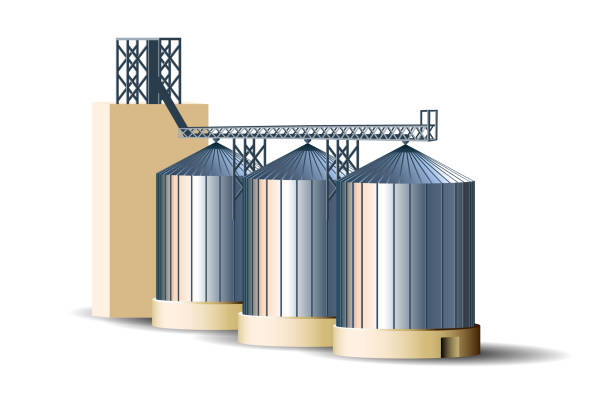 Silos of grain elevator Steel bins for grain storage. Granary vector illustration granary stock illustrations