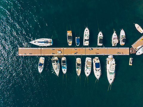 aerial view of yachts in city docks of montenegro. summer time