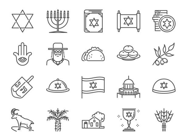 ilustraciones, imágenes clip art, dibujos animados e iconos de stock de conjunto de iconos de israel. incluye los iconos como israel, jerusalén, judío, rabino, torá, palma fechas y más. - menorah hanukkah israel judaism