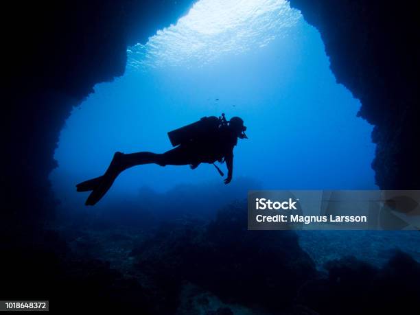 Cave Diver Silhuette Stock Photo - Download Image Now - Scuba Diving, Cave, Spelunking