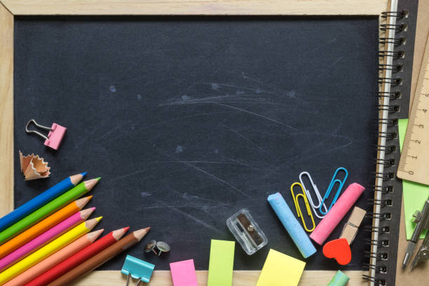istock Empty Blank Black Chalk board Background with wooden frame and School supplies, ideal for back to school and education background. 1018659722