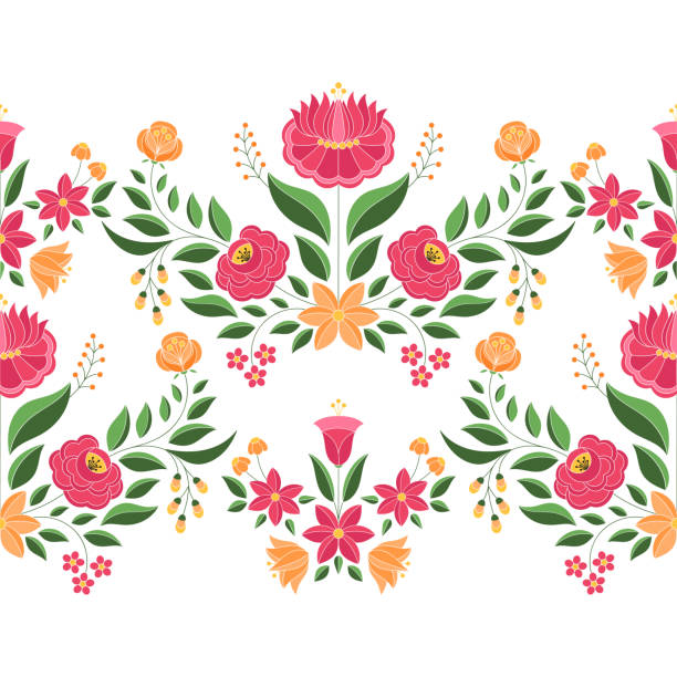 ilustrações de stock, clip art, desenhos animados e ícones de hungarian folk pattern vector seamless border. kalocsa embroidery floral ethnic ornament. slavic eastern european print isolated. traditional flower design for vintage wedding invitation. - needlecraft product illustrations