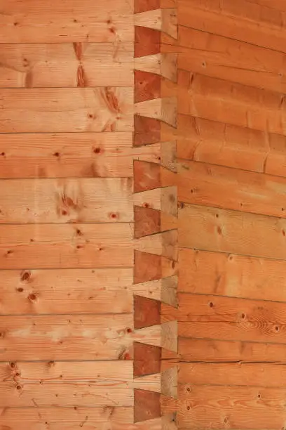 Through dovetail or plain dovetail strong joint detail on a wood wall