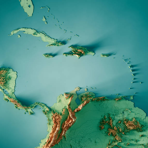 mer des caraïbes 3d rendent la couleur de la carte topographique - mer des caraïbes photos et images de collection