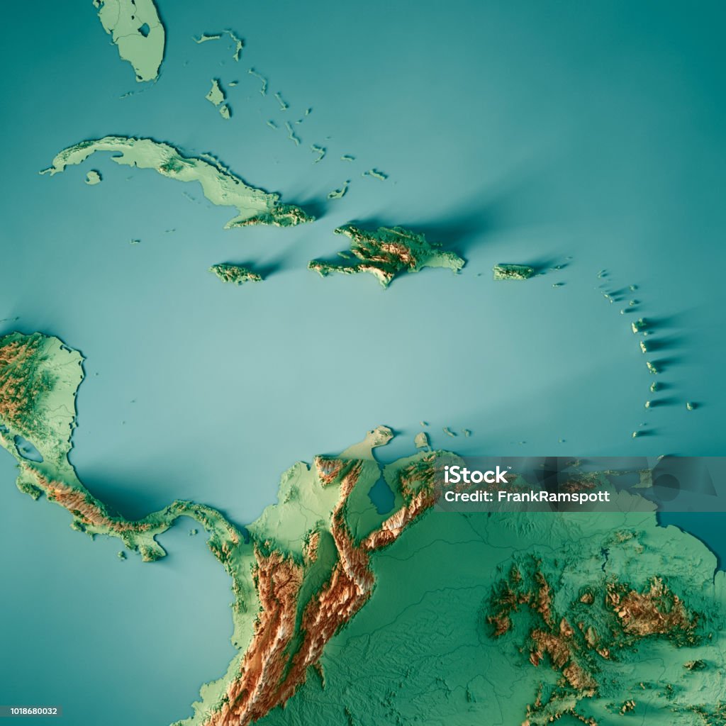 Caribbean Sea 3D Render Topographic Map Color 3D Render of a Topographic Map of the Caribbean Sea, Central America.
All source data is in the public domain.
Color texture and Rivers: Made with Natural Earth. 
http://www.naturalearthdata.com/downloads/10m-raster-data/10m-cross-blend-hypso/
http://www.naturalearthdata.com/downloads/10m-physical-vectors/
Relief texture: SRTM data courtesy of USGS. URL of source image: 
https://e4ftl01.cr.usgs.gov//MODV6_Dal_D/SRTM/SRTMGL1.003/2000.02.11/
Water texture: HIU World Water Body Limits:
http://geonode.state.gov/layers/?limit=100&offset=0&title__icontains=World%20Water%20Body%20Limits%20Detailed%202017Mar30 Map Stock Photo