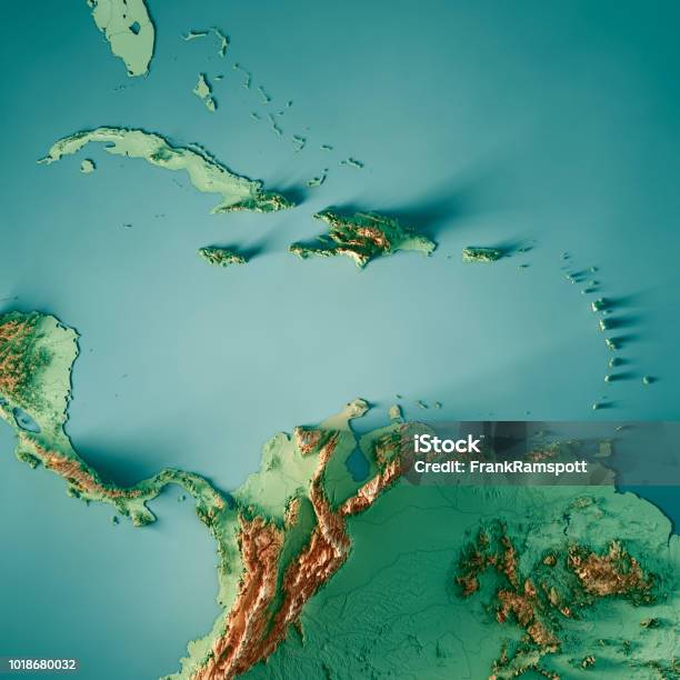 Caribbean Sea 3d Render Topographic Map Color Stock Photo - Download Image Now - Map, Caribbean Sea, Central America