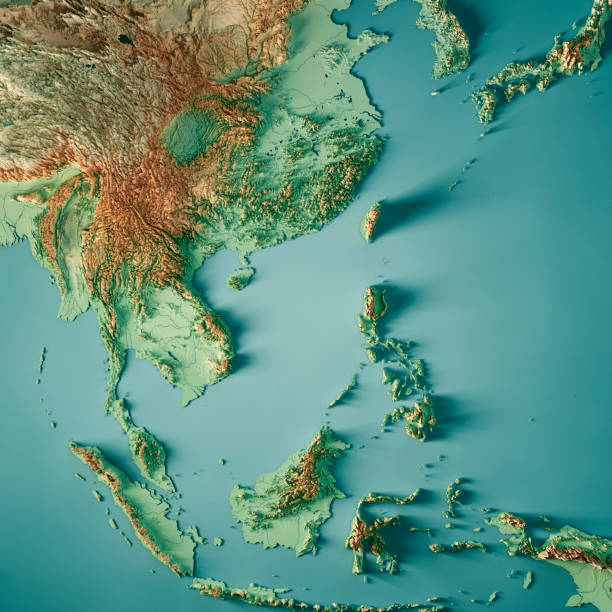 color de mapa topográfico de render 3d de asia oriental - asia sudoriental fotografías e imágenes de stock