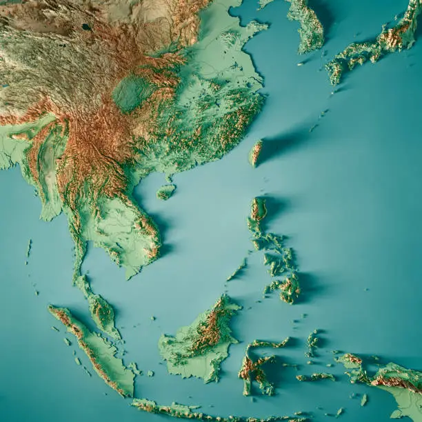 3D Render of a Topographic Map of East Asia.
All source data is in the public domain.
Color texture and Rivers: Made with Natural Earth. 
http://www.naturalearthdata.com/downloads/10m-raster-data/10m-cross-blend-hypso/
http://www.naturalearthdata.com/downloads/10m-physical-vectors/
Relief texture: SRTM data courtesy of USGS. URL of source image: 
https://e4ftl01.cr.usgs.gov//MODV6_Dal_D/SRTM/SRTMGL1.003/2000.02.11/
Water texture: HIU World Water Body Limits:
http://geonode.state.gov/layers/?limit=100&offset=0&title__icontains=World%20Water%20Body%20Limits%20Detailed%202017Mar30